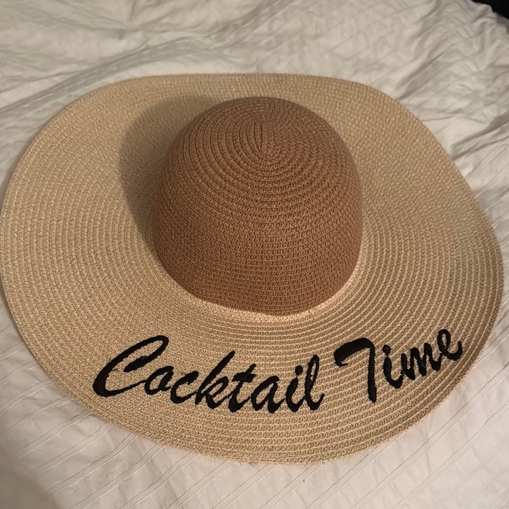 Wide Brim Straw Sun Hat - "Cocktail Time" - Tan & Beige